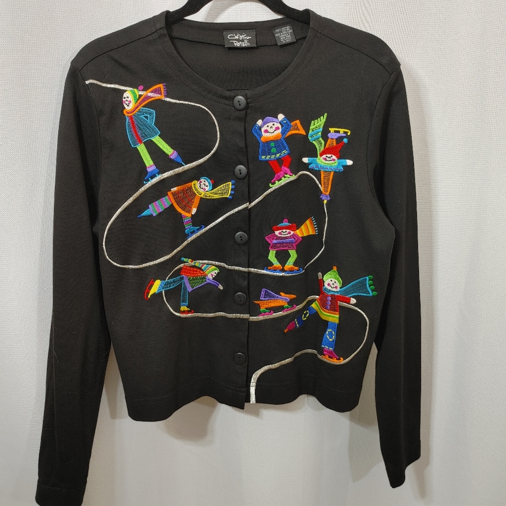 Christina Rotella Winter Ice Skating Button Up Knit Blouse Size Small